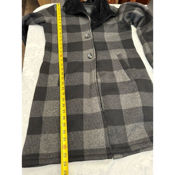 Steve Madden Size Med Lake Ode‎ Faux Fur Buffalo Plaid Check Gray Black Coat - Picture 13 of 14